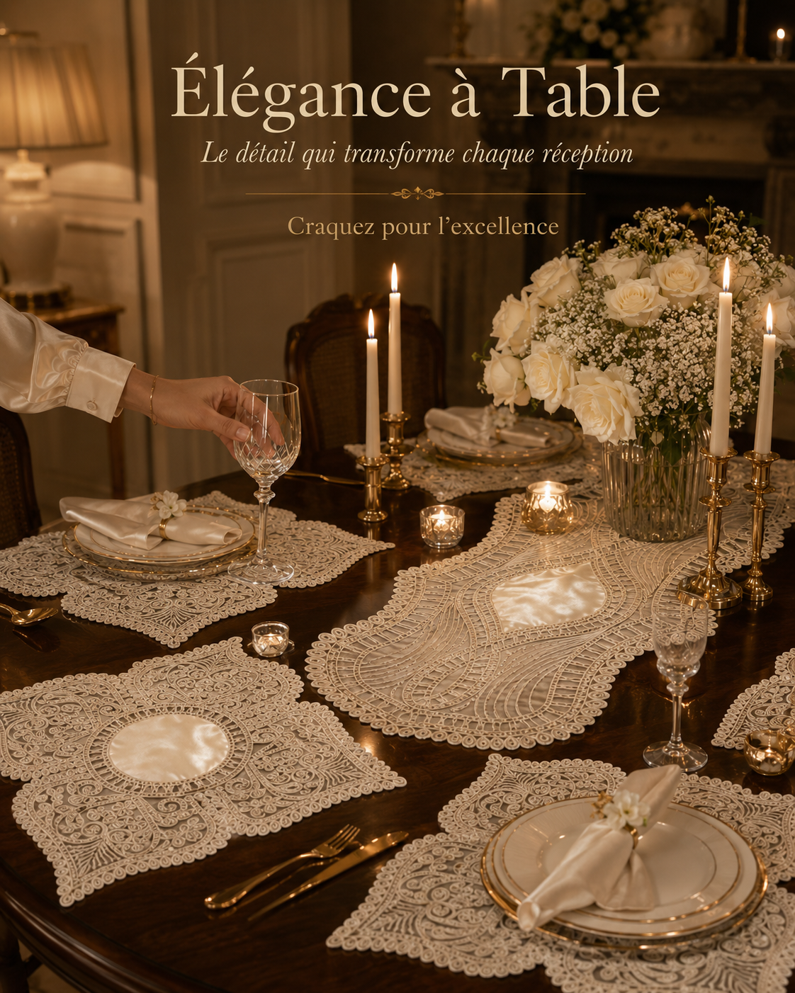 Set de Table Dentelle Brodée Ivoire – Service Complet 7 Pièces pour 6 Personnes