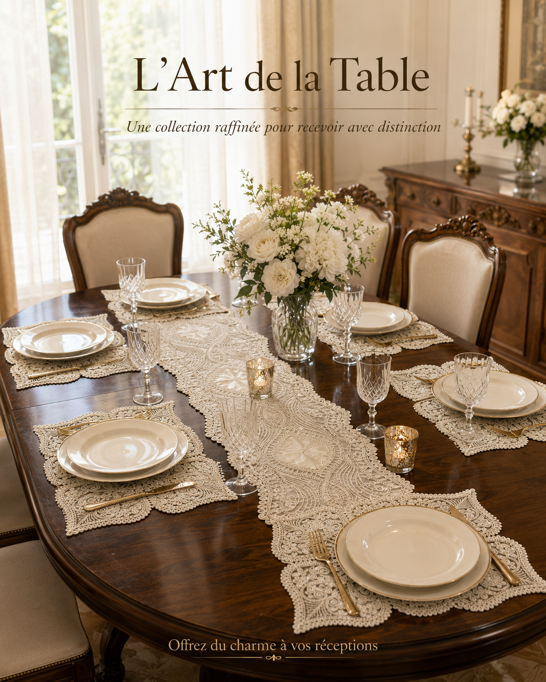 Set de Table Dentelle Brodée Ivoire – Service Complet 7 Pièces pour 6 Personnes
